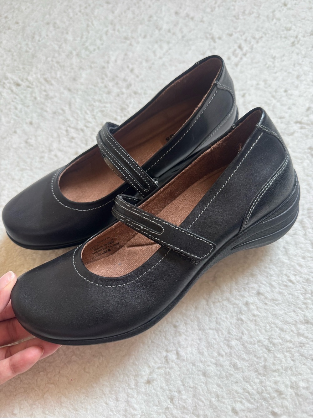 Hush Puppies Black Leather Mary Jane Comfort Shoes Womens 6.5 Hook Loop